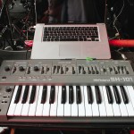Liam Howlett’s keyboard rig includes (clockwise from top left) a vintage Roland SH101 analogue monosynth, Access Virus TI, the “Invaders machine” (see above for details), and a Roland Gaia SH01 (with miniature Korg Monotron perched on top!).