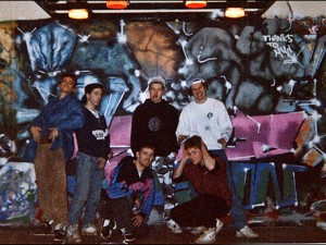 DJ FAME SEVERE PROUD2 DEMANE MA ONE (crouching) MAT (Crouching in front of 'Metallic Fusion') 1989